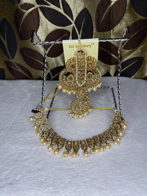 Gold Necklace with Earring and Tikka Set