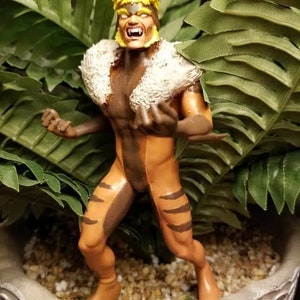 以下が含まれることがあります： 黄色いたてがみと白い毛皮の襟のある、茶色とオレンジ色のスーパーヒーローのアクションフィギュア。フィギュアは緑の葉の入った鉢植えの中に立っています。