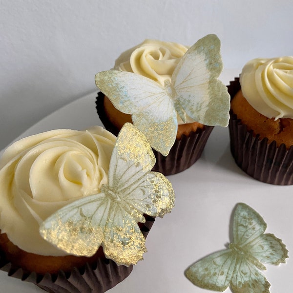 Sage green and blue pre-cut edible butterflies with gold accent - Set 12/18/24 - cake decorating baby shower ideas, birthday, handmade