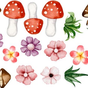 K&ouml;nnte beinhalten: Aquarellillustrationen von Pilzen und Blumen in Braun-, Rot-, Rosa- und Lilat&ouml;nen. Das Bild zeigt verschiedene Pilzdesigns mit roten Kappen und wei&szlig;en Punkten sowie mehrere Blumenarrangements auf wei&szlig;em Hintergrund.
