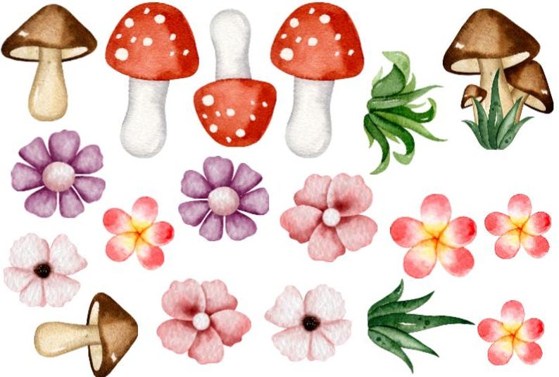 K&ouml;nnte beinhalten: Aquarellillustrationen von Pilzen und Blumen in Braun-, Rot-, Rosa- und Lilat&ouml;nen. Das Bild zeigt verschiedene Pilzdesigns mit roten Kappen und wei&szlig;en Punkten sowie mehrere Blumenarrangements auf wei&szlig;em Hintergrund.