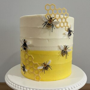 Pu&ograve; includere: Una torta cilindrica con una glassa sfumata liscia che passa dal bianco in alto al giallo brillante alla base. La torta &egrave; decorata con diverse figure di api tridimensionali e ritagli a forma di nido d'ape di colore giallo chiaro.