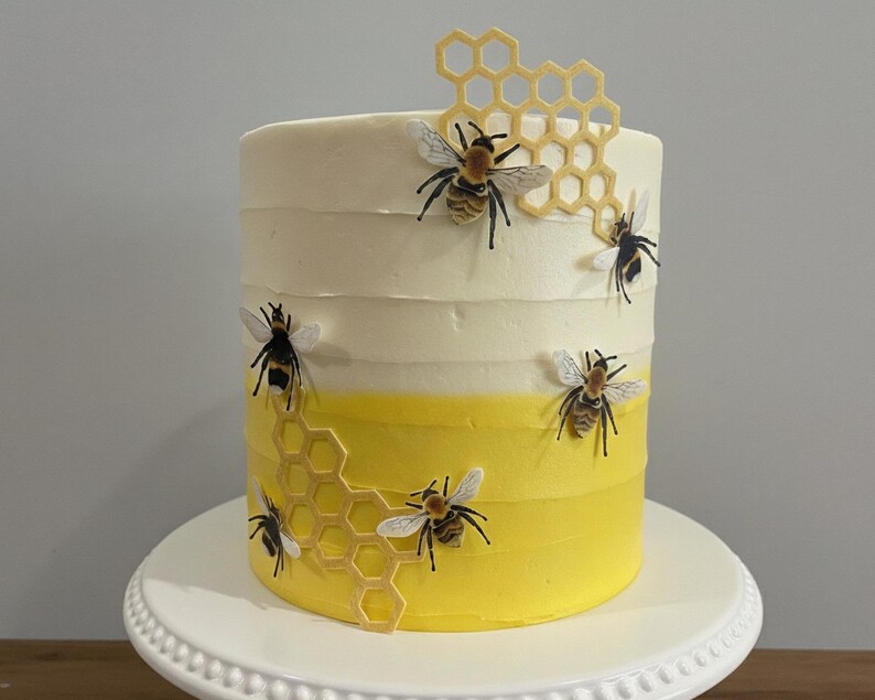 Pu&ograve; includere: Una torta cilindrica con una glassa sfumata liscia che passa dal bianco in alto al giallo brillante alla base. La torta &egrave; decorata con diverse figure di api tridimensionali e ritagli a forma di nido d'ape di colore giallo chiaro.
