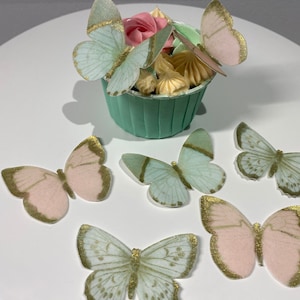 Edible Pre-cut edible wafer butterflies - cake / cupcake decorations - 12/18/24 butterflies - sage green and blush pink with gold accent