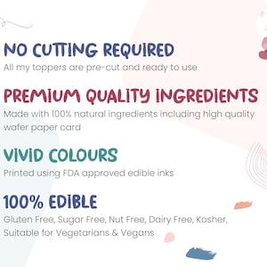 K&ouml;nnte beinhalten: Eine hellrosa und wei&szlig;e Grafik mit Text, der &bdquo;KEIN SCHNEIDEN ERFORDERLICH&ldquo;, &bdquo;PREMIUM-QUALIT&Auml;TSZUTATEN&ldquo;, &bdquo;LEBENDIGE FARBEN&ldquo; und &bdquo;100 % ESSBAR&ldquo; lautet. Die Grafik enth&auml;lt auch eine Cartoon-Katze und dekorative florale Elemente.