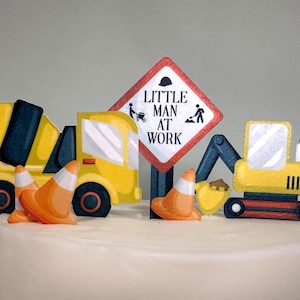 Baustellenfahrzeuge - essbares Cake Topper Set. Geburtstagskuchendekorationen - LKW, Bagger, Betonmischer, Verkehrsschilder