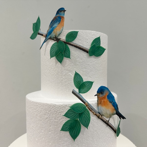 A pair of bluebirds on branches precut edible wafer topper set for weddings, anniversaries and birthdays