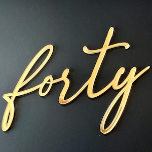May include: A gold-coloured cursive script of the word "forty" against a black backdrop. The word is written in a flowing, elegant font with a reflective, shiny surface. The design is simple and modern.