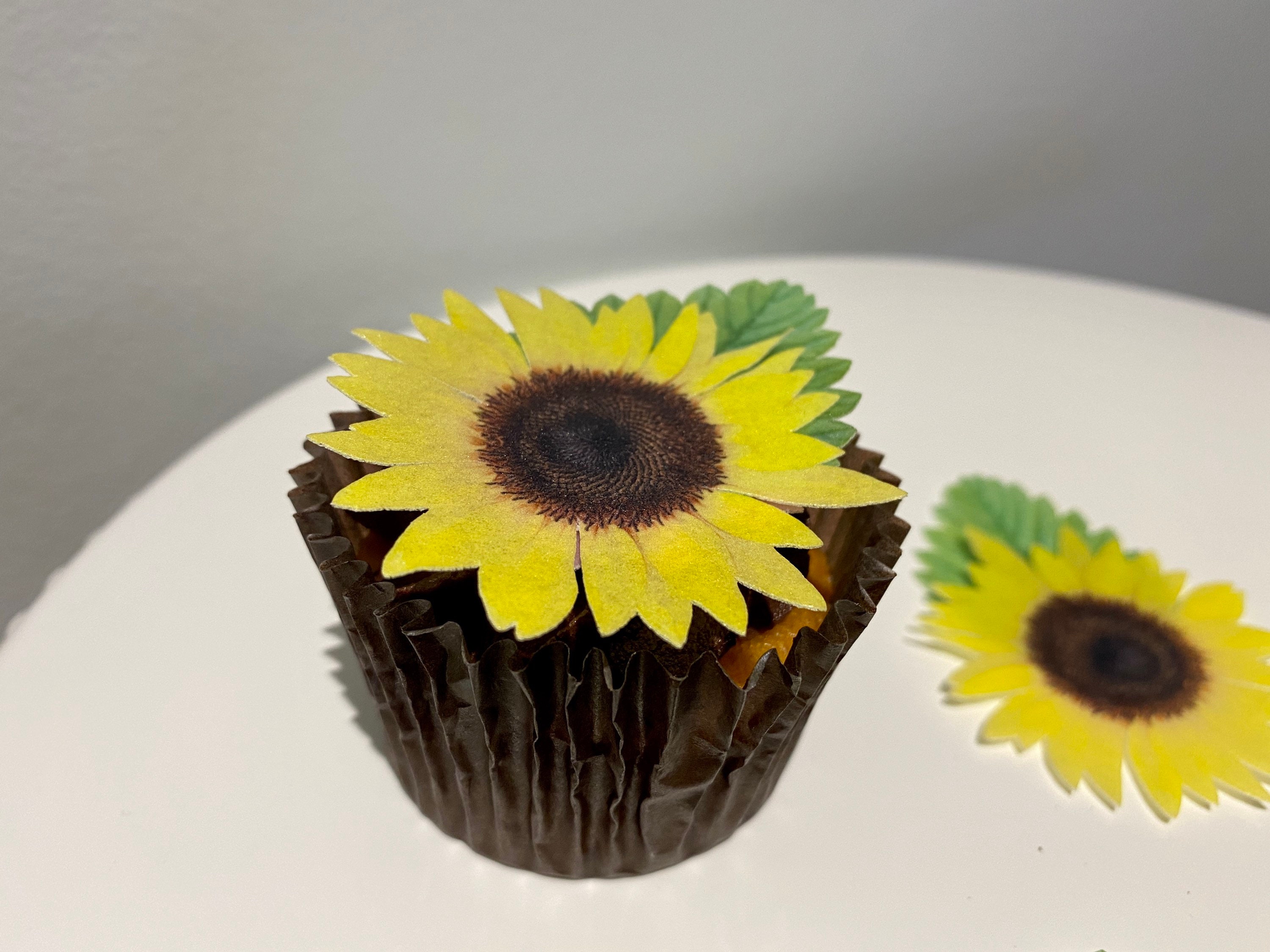 Edible Precut Sunflower With Leaves Wafer Topper - Cake / Cupcake