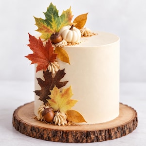 May include: A cylindrical cake with smooth off-white frosting, decorated with edible autumn leaves in shades of red, orange, and yellow, along with small brown acorns and a white pumpkin topper, arranged vertically along the side of the cake.