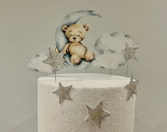 Sleeping bear on the Moon cake topper set - new baby, christening, baby shower cake decoration