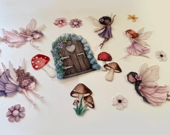 Adornos comestibles para tartas de hadas, juego de hadas precortadas en oblea o lámina de glaseado, puerta de hadas, setas y flores, decoración para tartas de cumpleaños con temática de jardín de hadas