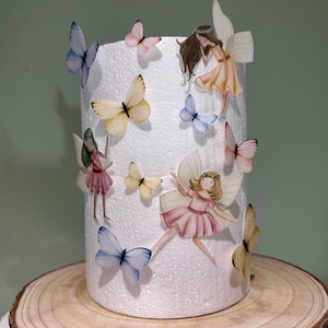 Set di decorazioni per torte in cialda pretagliata con fate e farfalle commestibili. Set di decorazioni per torte di compleanno, decorazioni per baby shower, festa a tema foresta incantata