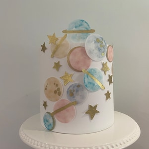 Edible Space Theme planets and stars wafer topper with gold accent - Edible cake / cupcake decorations - solar system - PL01