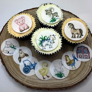 Set de adornos comestibles para cupcakes con forma de animales de granja. Adornos para tartas de cumpleaños: set de adornos para cupcakes, cartulina o lámina de glaseado