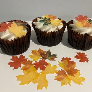 May include: Three cupcakes in dark brown paper liners topped with white frosting and edible maple leaf decorations in shades of red, orange, and yellow. Additional loose edible maple leaves are scattered in front of the cupcakes.