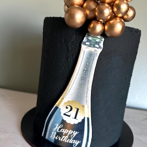 Gepersonaliseerde fles Prosecco-taarttopper - Eetbare taartdecoratie voor verjaardagen, jubilea, pensioen, afstuderen, taarttopper met leeftijd