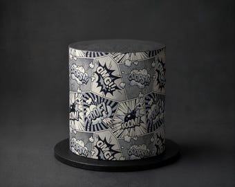 Pop Art Speech Bubble Cake Wrap - Comic Book Pattern Icing Sheet in Colour or Monochrome for Superhero Birthday Cakes