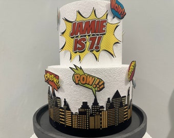 Precut edible comic book buildings / skyscrapers - superhero Birthday theme cake toppers set with speech bubbles - Kapow Boom Pow Oops Crash