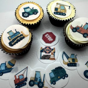 Set di topper per cupcake Edible Construction Vehicles. Decorazioni per topper per torte di compleanno: camion, escavatore, betoniera, ostia o foglio di glassa