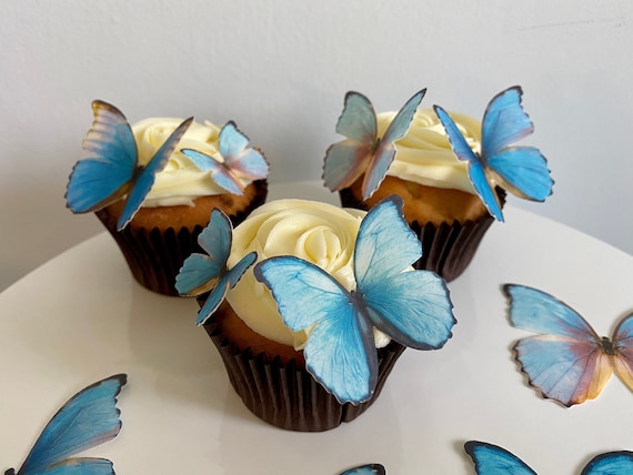 Mariposas comestibles de gran tamaño, hechas a mano en los Estados Unidos,  decoración para tartas y cupcakes (azul)