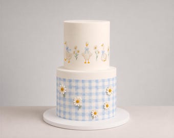 Gingham Goose Edible Cake Wrap - Pink or Blue Check with Geese Border, Icing Sheet or Wafer Card for Baby Shower Cakes