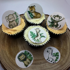 Toppers di wafer commestibili con simpatici animali da safari - decorazioni per cupcake pretagliate a tema giungla per compleanni, baby shower e battesimi