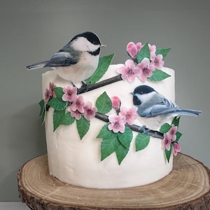 Chickadee Bird Cherry Blossom Edible Wafer Cake Toppers