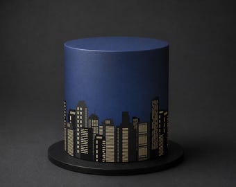 Superhero City Skyline Edible Cake Wrap - Comic Cityscape Icing Sheet in Sunset Orange or Night Blue for Birthday Cakes
