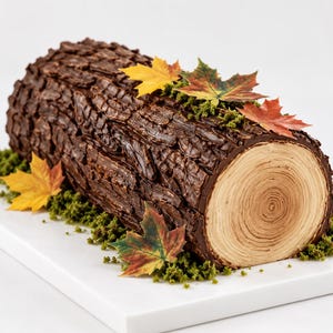 May include: A chocolate yule log cake shaped like a tree trunk with textured dark brown bark, a light tan cross-section showing wood grain rings, green edible moss accents, and several colourful autumn maple leaves placed on top and around the base.
