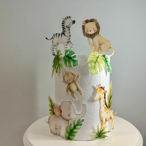 Animales de safari precortados comestibles: juego de adornos comestibles para tartas, cumpleaños, baby shower, decoraciones de bautizo, decoración para tartas de cumpleaños con temática de jungla