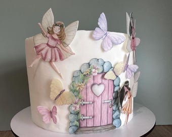 Edible Fairies with fairy house door and butterflies wafer cake topper Birthday cake decor, baby shower decorations Enchanted forest party