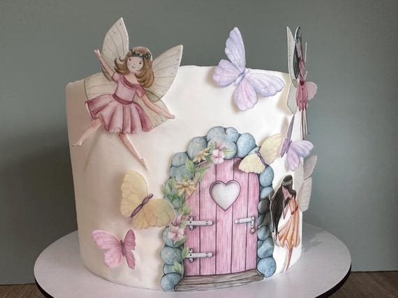 Edible Fairies with fairy house door and butterflies wafer cake topper Birthday cake decor, baby shower decorations Enchanted forest party