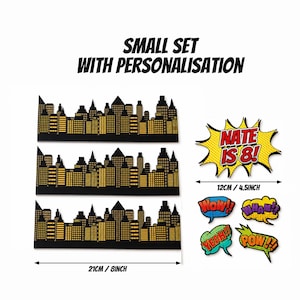 Edificios/rascacielos comestibles precortados de cómics - Set de adornos para tartas de cumpleaños con temática de superhéroes con bocadillos de diálogo - Kapow Boom Pow Oops Crash Small Set