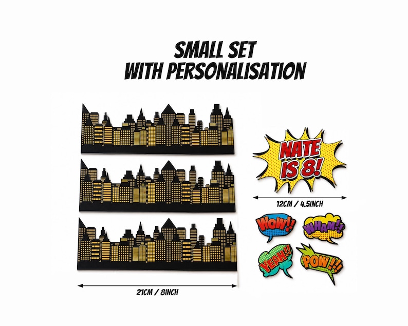 Edificios/rascacielos comestibles precortados de cómics - Set de adornos para tartas de cumpleaños con temática de superhéroes con bocadillos de diálogo - Kapow Boom Pow Oops Crash Small Set
