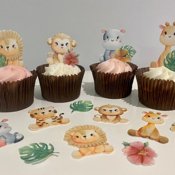 Edible cute safari animals wafer topper with flowers and leaves - precut cupcake decorations