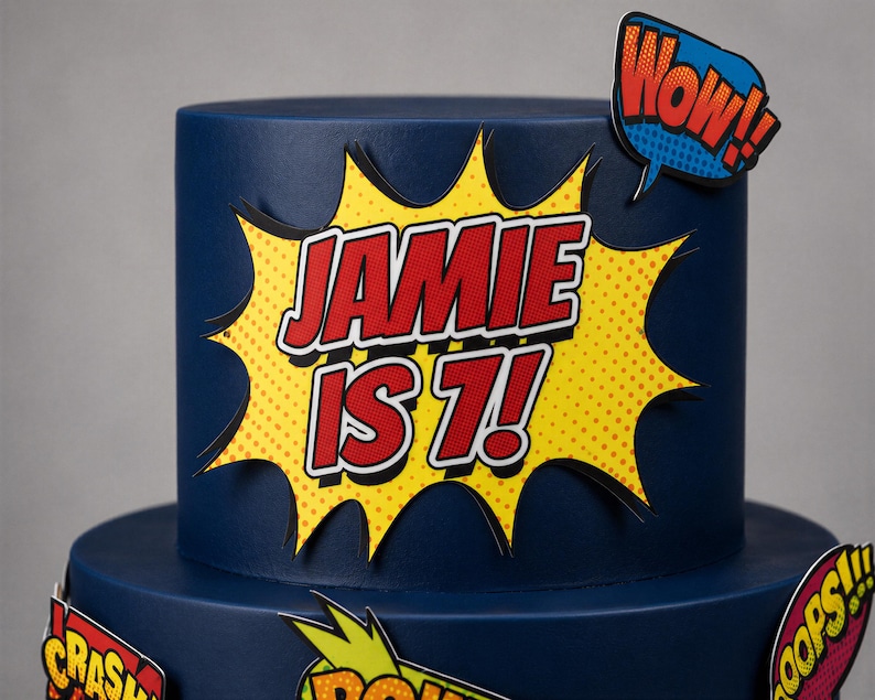 Edificios/rascacielos comestibles precortados de cómics - Set de adornos para tartas de cumpleaños con temática de superhéroes con bocadillos de diálogo - Kapow Boom Pow Oops Crash imagen 2