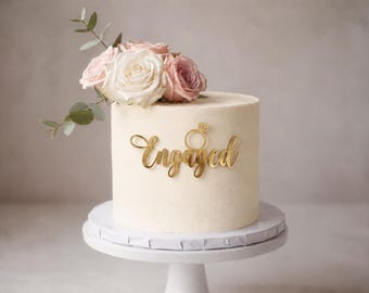 Engagement Cake Topper, Engaged Acrylic Cake Charm with Ring Design, Mirror Gold Engagement Party Cake Decoration, She Said Yes Topper