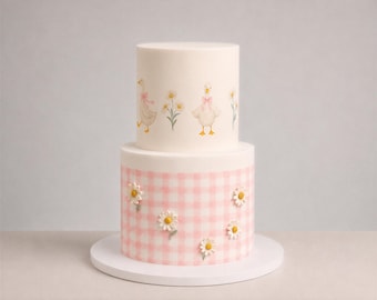 Gingham Goose Edible Cake Wrap - Pink or Blue Check with Geese Border, Icing Sheet or Wafer Card for Baby Shower Cakes