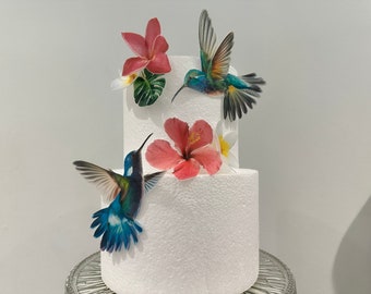 A pair of hummingbirds precut edible wafer topper set for weddings, anniversaries and birthdays