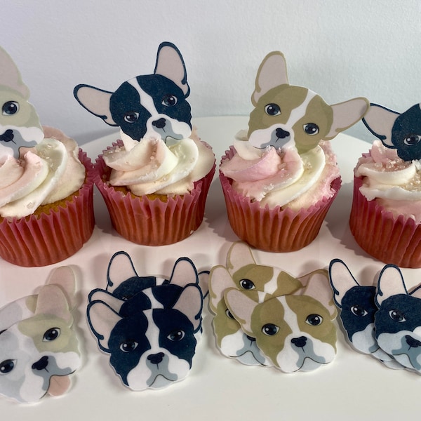 Décoration de gaufrette comestible mignon bouledogue français - Décorations comestibles pour gâteaux / cupcakes DG01