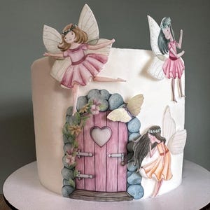 Set de adornos comestibles para tarta de oblea precortados con diseño de hadas y puerta de casa de hadas. Set de adornos para tarta de cumpleaños, decoración para baby shower y fiesta del Bosque Encantado.
