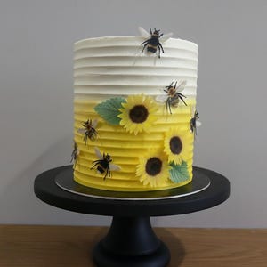 Pu&ograve; includere: Una torta cilindrica con una consistenza a righe orizzontali, caratterizzata da una glassa sfumata dal bianco al giallo. La torta &egrave; decorata con diverse piccole figure di api e tre girasoli gialli con centri marrone scuro e foglie verdi.