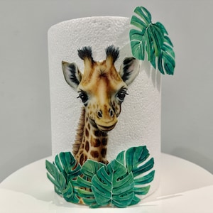 Topper cialda pretagliato commestibile con giraffa e foglie tropicali - Decorazioni per torte commestibili - Tema compleanno giungla