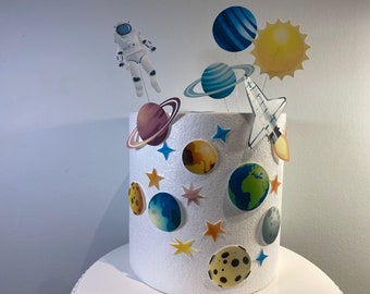 Edible Space Theme wafer topper set - Precut cake decorations - solar system, astronaut, rocket planets stars - PL08