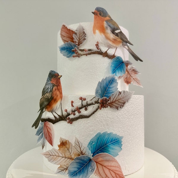 Une paire d'oiseaux rouges-gorges sur des branches d'hiver, ensemble de décorations pour gaufrettes comestibles prédécoupées pour les mariages, les anniversaires, Noël et les anniversaires