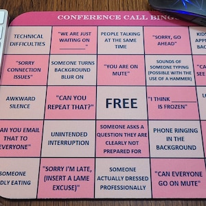 Pink Conference Call Bingo Mousepad, Work From Home, Office Games, Coworker Gift, Personalized Mousepad, Desk Accessories, Custom Mousepad
