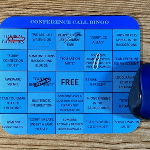 Blue Conference Call Bingo Mousepad, Telework, Work From Home, Coworker Gift, Personalized Mousepad, Desk Accessories, Custom Mousepad