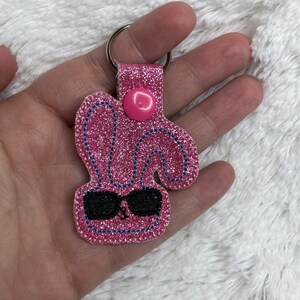 Cool Bunny Snap Keychain, Easter Purse Charm, Pink Key Fob, Glitter Key Tag, Fabric Bag Tag, Zipper Pull Charm, Luggage Tag, Cute Charm