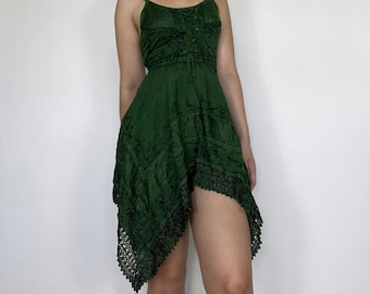 Sylva Enchanted Forest Dress – Boho Handkerchief Hem Dress, Fairycore Festival Outfit